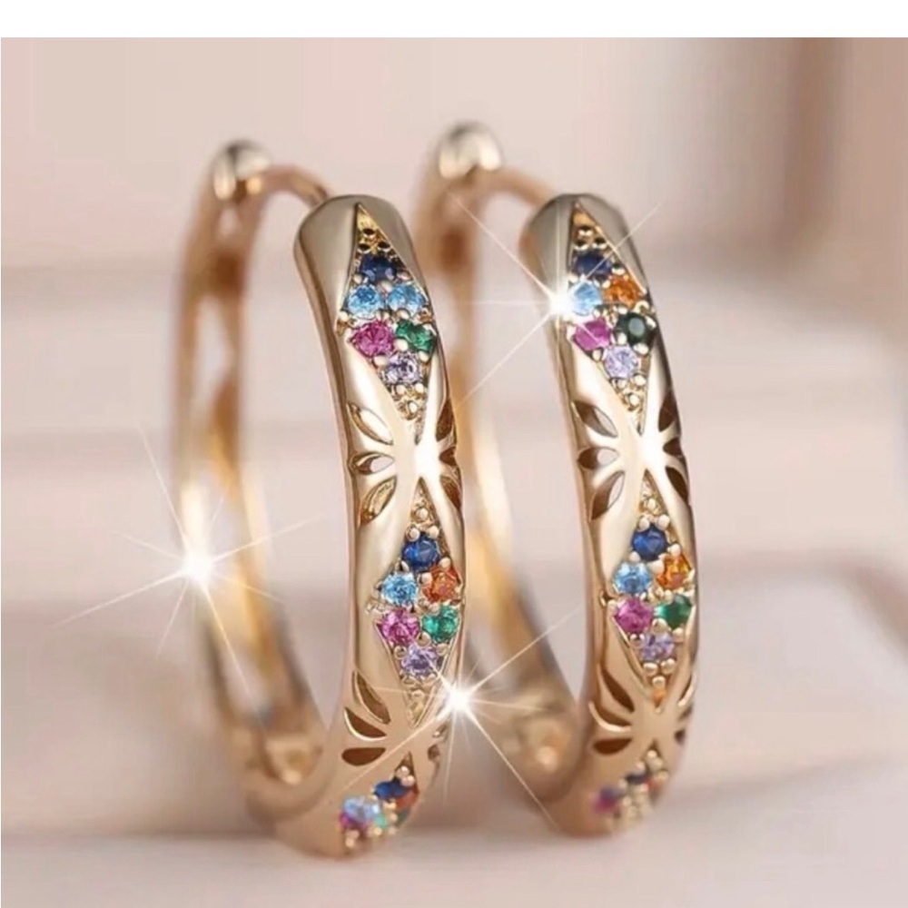 Gold Hoop Earrings with Multicolor Gem Accents